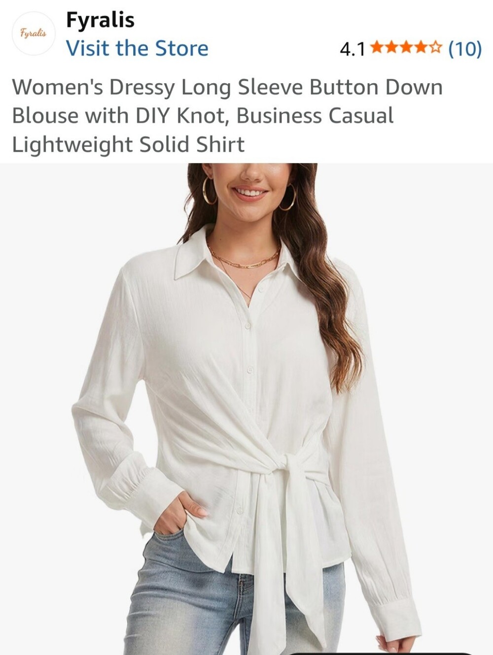 Women's White Long-Sleeve Button-Down Blouse with Tie Front B51